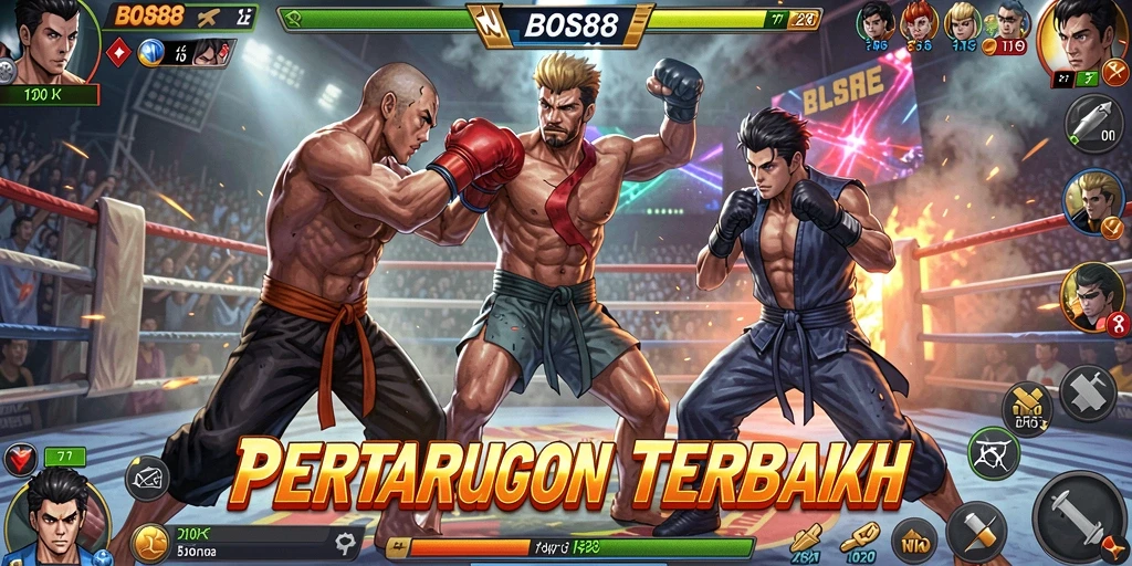 Screenshot gameplay BOS88 menampilkan pertarungan seru antara karakter.