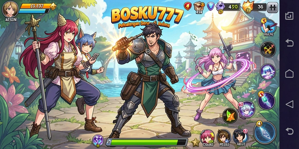 Screenshot dari gameplay BOSKU777 yang menampilkan karakter anime ikonik.