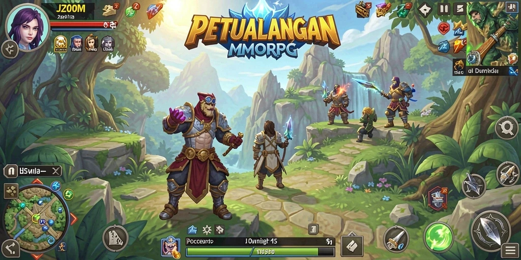 Screenshot gameplay J200M menunjukkan pertempuran seru dalam dunia MMORPG.
