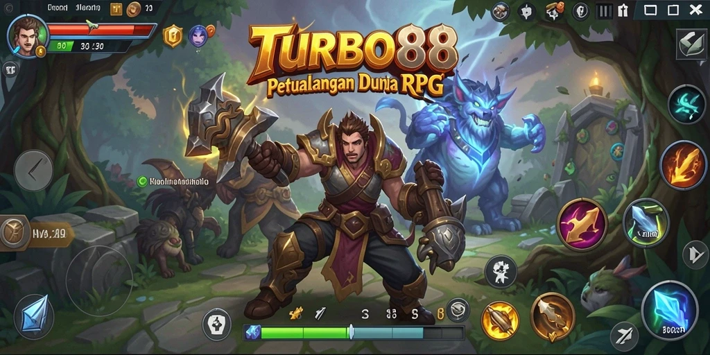 Screenshot TURBO88 menunjukkan karakter dalam pertarungan epik di dunia fantasi.