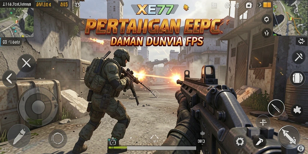 Gameplay XE77 dengan aksi tembak-tembakan yang seru.